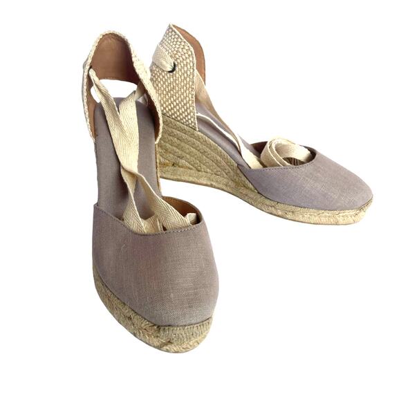 Soludos Marseille Wedge Ankle Tie Beige Neutral Linen Spain Size 8.5 - Picture 1 of 9